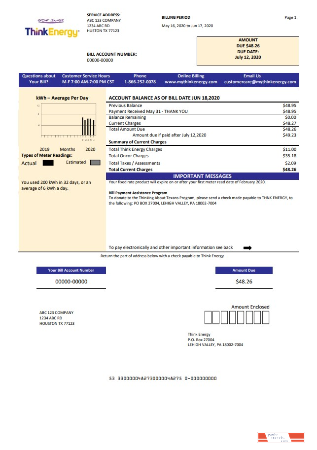 USA Think Energy utility bill template in Word and PDF format